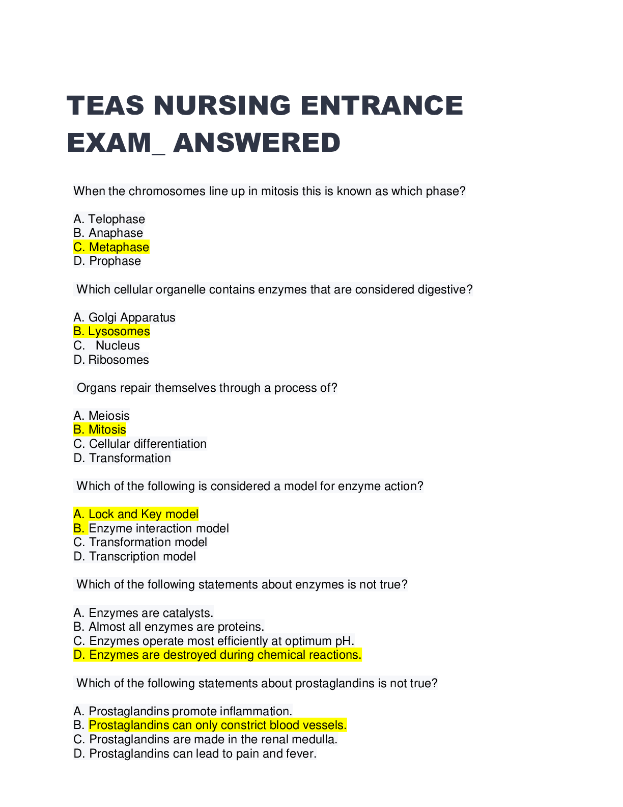 Preview of TEAS NURSING ENTRANCE EXAM_ ANSWERED